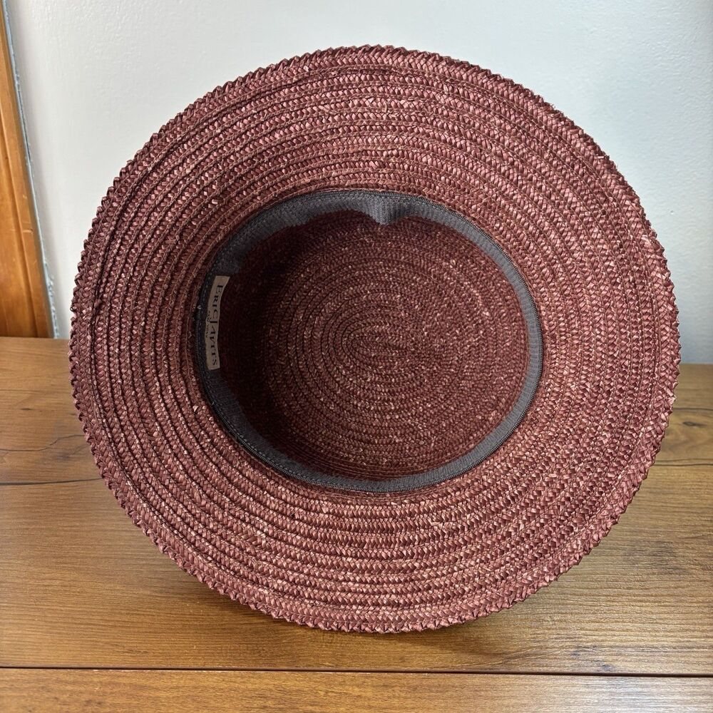 Eric Javits Woven Straw Cloche Bucket Hat Burgundy w Metallic Feather Brooch USA - Picture 7 of 10